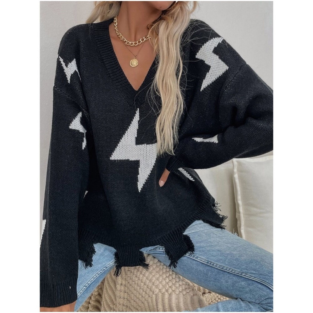 Black Thunder Bolt V neck Oversized Knit Sweater - Picture 1 of 5
